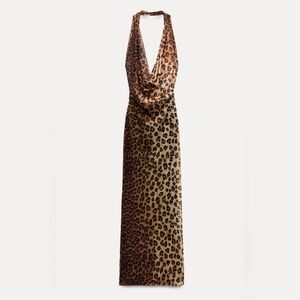 Zara Mesh Leopard Print Halter Maxi Dress